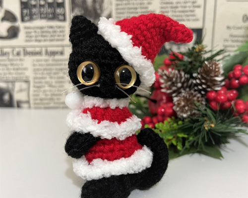 クリスマス 白猫 あみぐるみ サンタ服 クリスマス 白猫 あみぐるみ