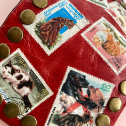 二つ折り財布＊コインケース取り外し可能＊フランス切手＊猫＊赤×ブラック馬革 3枚目の画像