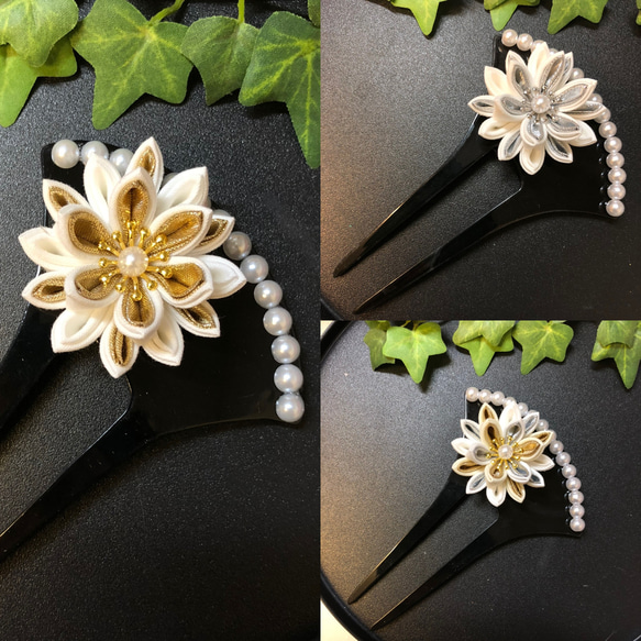 つまみ細工  バチ型かんざし  ゴールド・シルバーパール 1枚目の画像