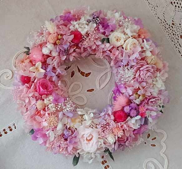 ―ボタニカルcake―薔薇と木の実のプリザリース   ピンク×パープル 6枚目の画像