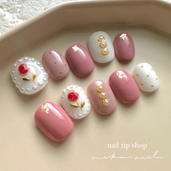 【オーダー】ネイルチップ　パール　薔薇　埋め尽くし no.40】囲みパール/薔薇ネイル/ドット/ワイヤー/パール ネイル