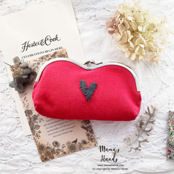 ⭐️130個売れてます⭐️ ピンク リネン ハート がま口 コスメ メガネケース ポーチ ♥ 2枚目の画像