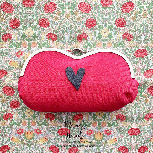 ⭐️130個売れてます⭐️ ピンク リネン ハート がま口 コスメ メガネケース ポーチ ♥ 5枚目の画像