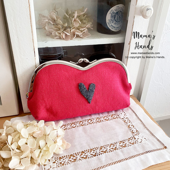 ⭐️130個売れてます⭐️ ピンク リネン ハート がま口 コスメ メガネケース ポーチ ♥ 12枚目の画像