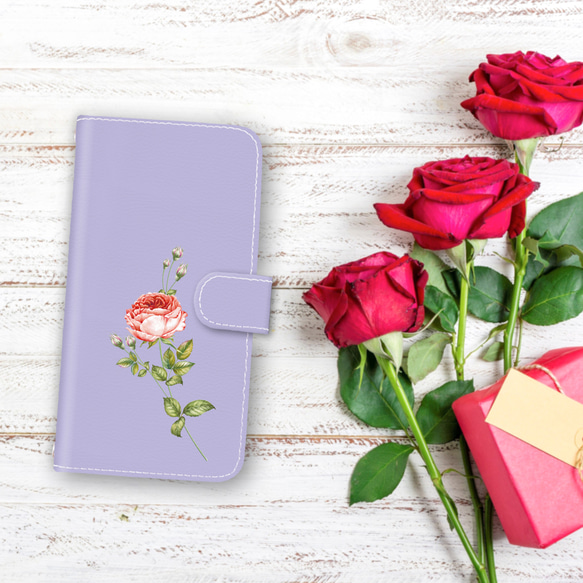 再販×2♪『一輪のバラ（パープル）』iPhone/android ほぼ全機種対応 スマホケース 手帳型 薔薇 紫 1枚目の画像