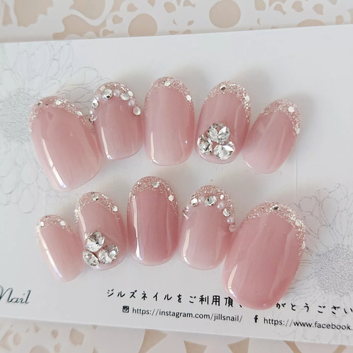 上品ラメフレンチ ネイル/Vカットストーン/シンプル/ネイルチップ/前