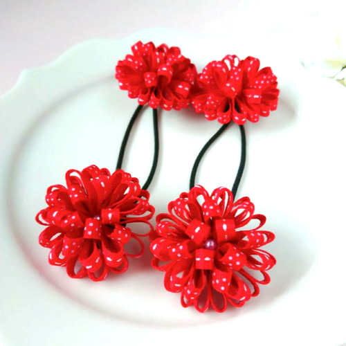 二個セット♡ダブルたんぽぽリボン♪運動会の赤組さんにも ヘアゴム