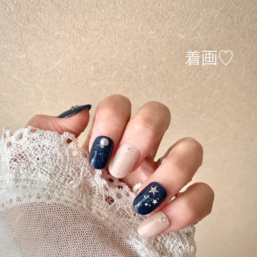 ネイルチップ 茄子紺×シャンパンギャラクシーネイル ラメホロシルバー