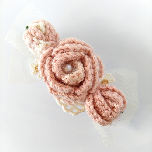 手編みrose＆パールのレースバレッタ 値下げ バレッタ ✴nanaconbu 