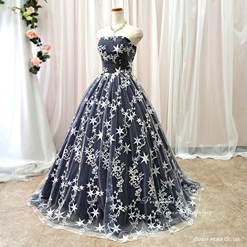 独創的 紺 ネイビー 星柄刺繍 カラードレス 13号 Aライン 背中編み上げ スーツ・フォーマル・ドレス