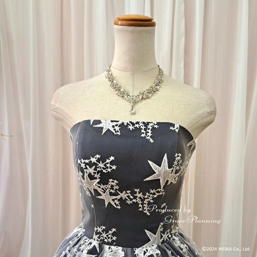カラードレス 星柄刺繍 ネイビー 紺 13号 背中編み上げ Aライン