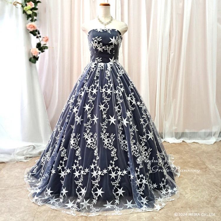 結婚式お呼ばれドレス　ネイビー 星柄刺繍 結婚式お呼ばれドレス　ネイビー 星柄刺繍