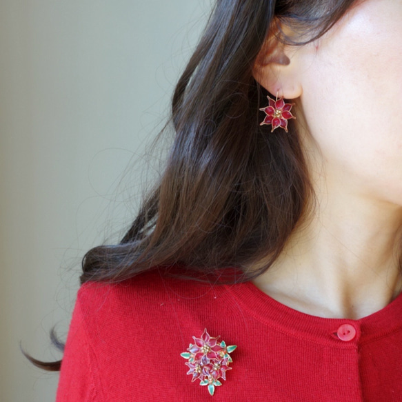 冬季盛開⁂ 一品紅耳環/耳環/無洞耳環 聖誕節 12 月 出生月份花 第7張的照片