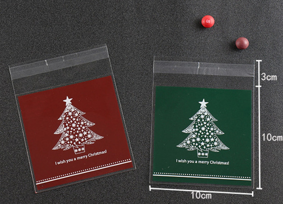 クリスマス♪『シンプルで使いやすい　クリスマスツリー柄バック　レッド　テープ留め付き』～100㎜×100㎜　20枚 8枚目の画像