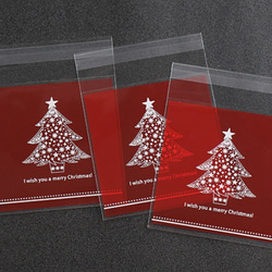 クリスマス♪『シンプルで使いやすい　クリスマスツリー柄バック　レッド　テープ留め付き』～100㎜×100㎜　20枚 7枚目の画像
