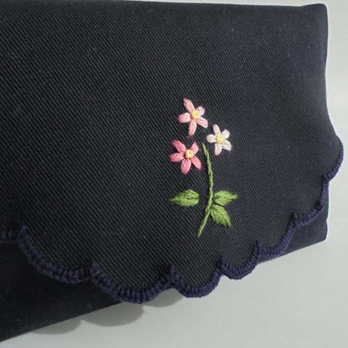 手刺繍ポケットティッシュケース お受験用にも わすれな草 ピンク 通園