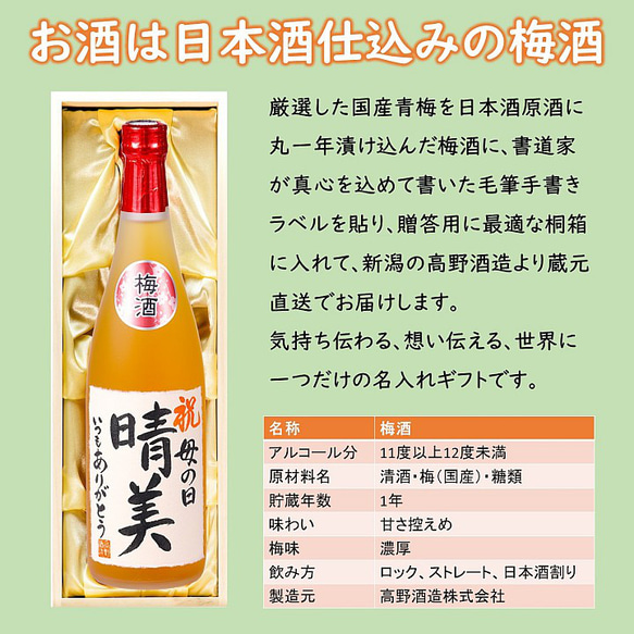 【書家直筆】名入れ 手書きラベル 梅酒 日本酒仕込み 720ml 桐箱入 お酒 新潟 高野酒造 9枚目の画像