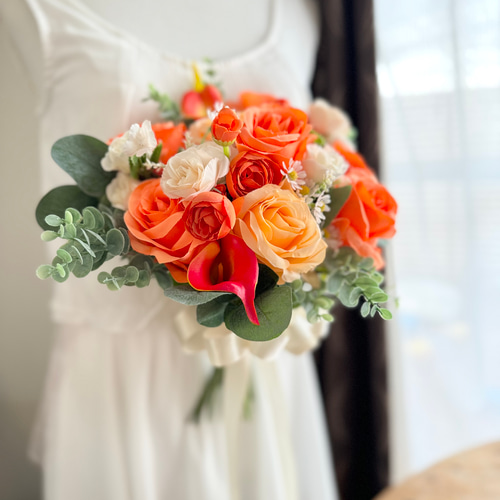 濃いオレンジクラッチブーケ☆ブートニア ブーケ ほうき星