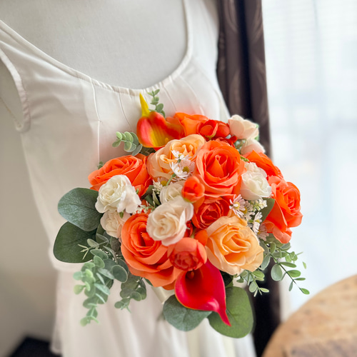 濃いオレンジクラッチブーケ☆ブートニア ブーケ ほうき星