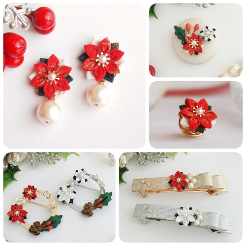 ポインセチアの帯留め （ つまみ細工＊受注制作 ） 帯留め つまみ細工
