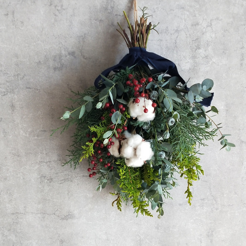 Mサイズ クリスマスフレッシュスワッグ♫ グリーン×赤 スワッグ fiore 