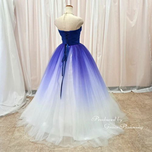カラードレス 青×白 結婚式 演奏会用ロングドレス ウエディングドレス