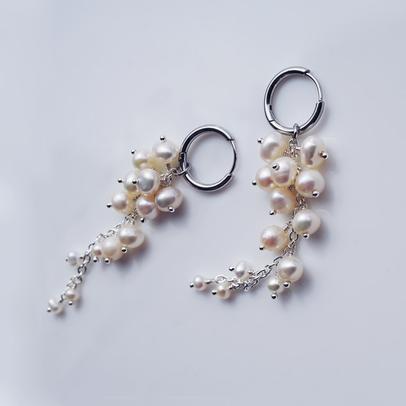 白色紫藤穿孔耳環，淡水珍珠，醫用不銹鋼，耳環可選 - 白色紫藤 第7張的照片