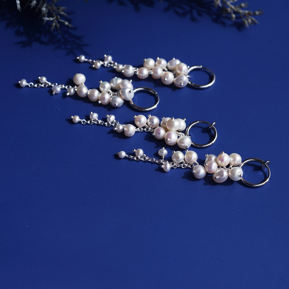 白色紫藤穿孔耳環，淡水珍珠，醫用不銹鋼，耳環可選 - 白色紫藤 第5張的照片