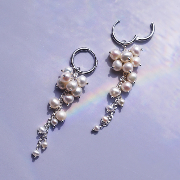 白色紫藤穿孔耳環，淡水珍珠，醫用不銹鋼，耳環可選 - 白色紫藤 第2張的照片