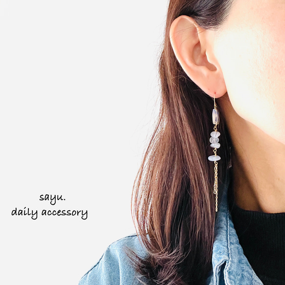 14kgf天然石クンツァイトのジャラジャラピアスNo.376 14kgf天然石クンツァイトのジャラジャラピアスNo.376