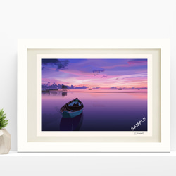 原画☆夕焼けと湖☆アクリル画・キャンバス 紫色の湖 夕焼け空 つがい