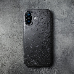 【iPhone16pro/15/14/13/13mini/12~】特殊エンボス加工レザーケースカバーペイズリー×ブラック 5枚目の画像