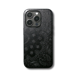 【iPhone16pro/15/14/13/13mini/12~】特殊エンボス加工レザーケースカバーペイズリー×ブラック 6枚目の画像