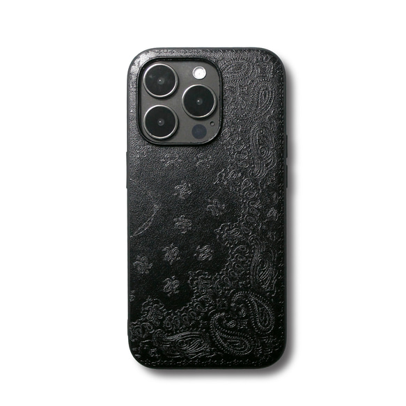 【iPhone15/15pro/14/13/13mini/12~】特殊エンボス加工レザーケースカバーペイズリー×ブラック 4枚目の画像