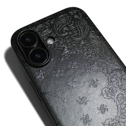 【iPhone16pro/15/14/13/13mini/12~】特殊エンボス加工レザーケースカバーペイズリー×ブラック 8枚目の画像