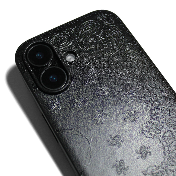 【iPhone16pro/15/14/13/13mini/12~】特殊エンボス加工レザーケースカバーペイズリー×ブラック 8枚目の画像
