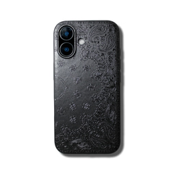 【iPhone16pro/15/14/13/13mini/12~】特殊エンボス加工レザーケースカバーペイズリー×ブラック 7枚目の画像