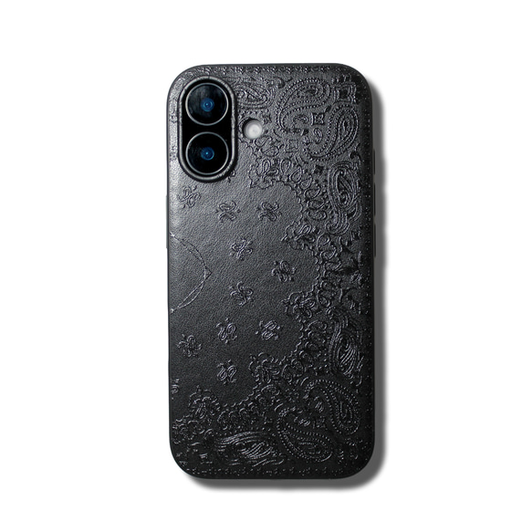 【iPhone16pro/15/14/13/13mini/12~】特殊エンボス加工レザーケースカバーペイズリー×ブラック 7枚目の画像