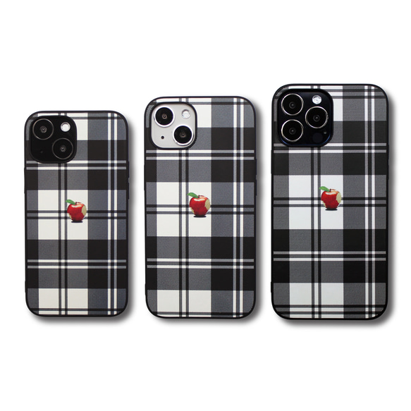 【iPhone15/14/13/13mini/12/11~】レザーケースカバー（タータンチェック）赤リンゴアップル 1枚目の画像