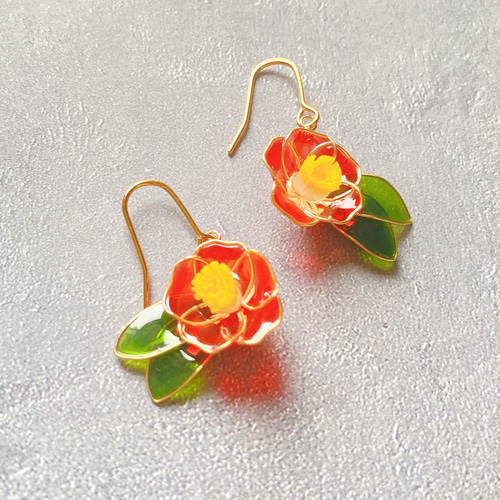 椿 ピアス／イヤリング 和風｜ディップアート 上品 金属アレルギー対応