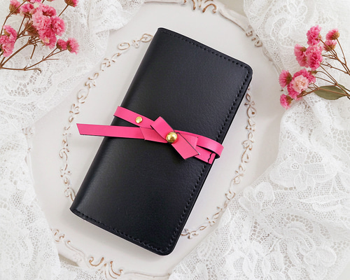 iPhone全機種】リボン付きiPhone手帳型ケース＜黒xピンク＞iPhone17