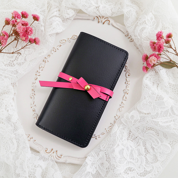 iPhone全機種】リボン付きiPhone手帳型ケース＜黒xピンク＞iPhone17