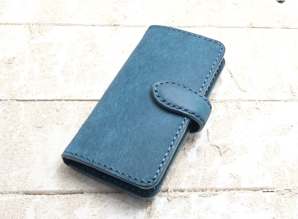 iPhone & android 手帳型　レザーケース　プエブロ　オルテンシア（ブルーグリーン）　糸　ブルーグリーン