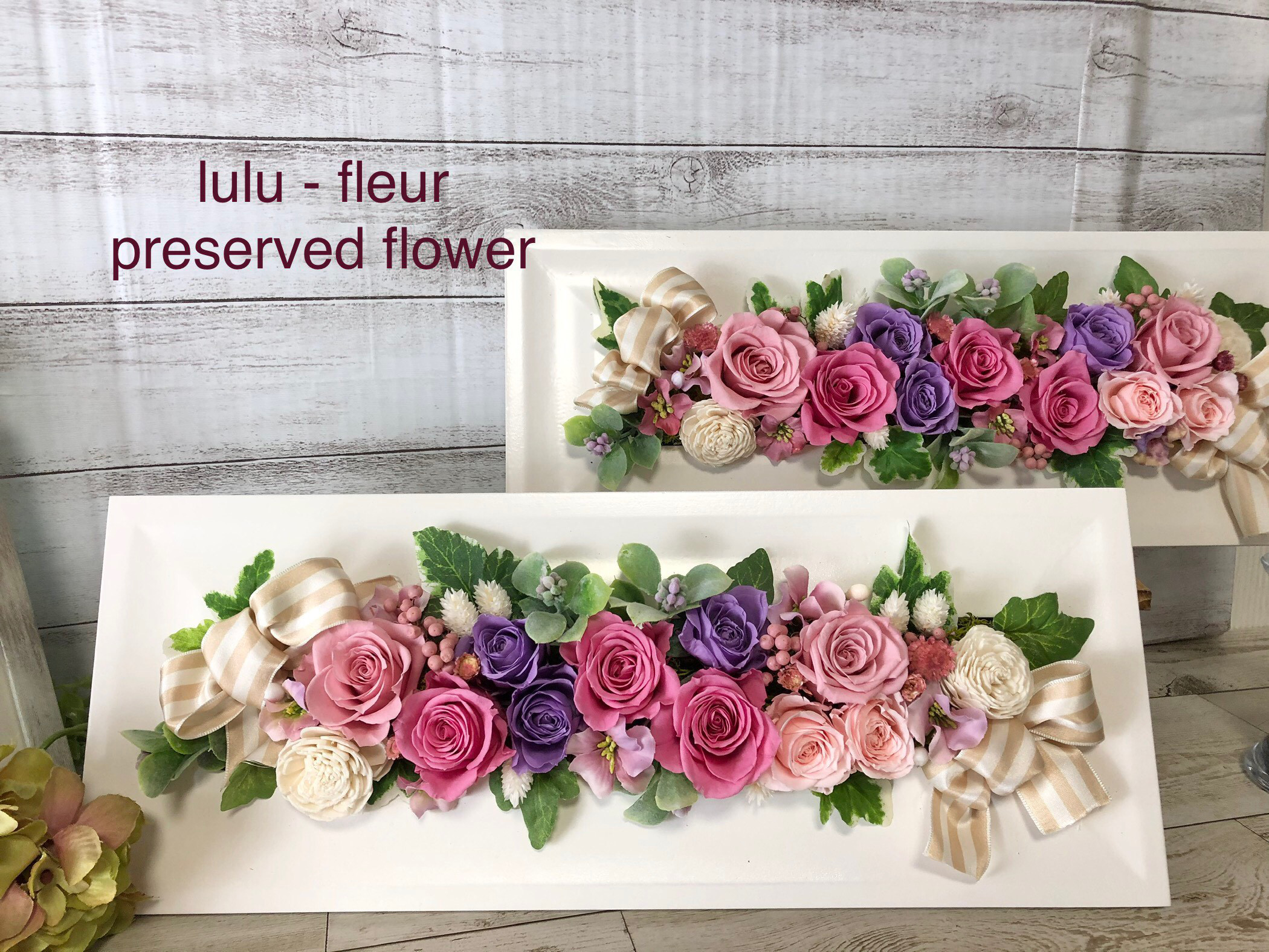 プリザーブドフラワー　壁にも掛けれる　ホワイトフレーム　40㎝　クリアケース入り　ピンク&ラベンダー　バラ　送料無料