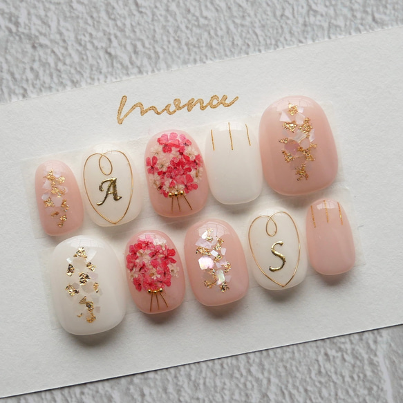 84赤イニシャル/成人式ネイル和装ネイル着物ネイル押し花ネイル