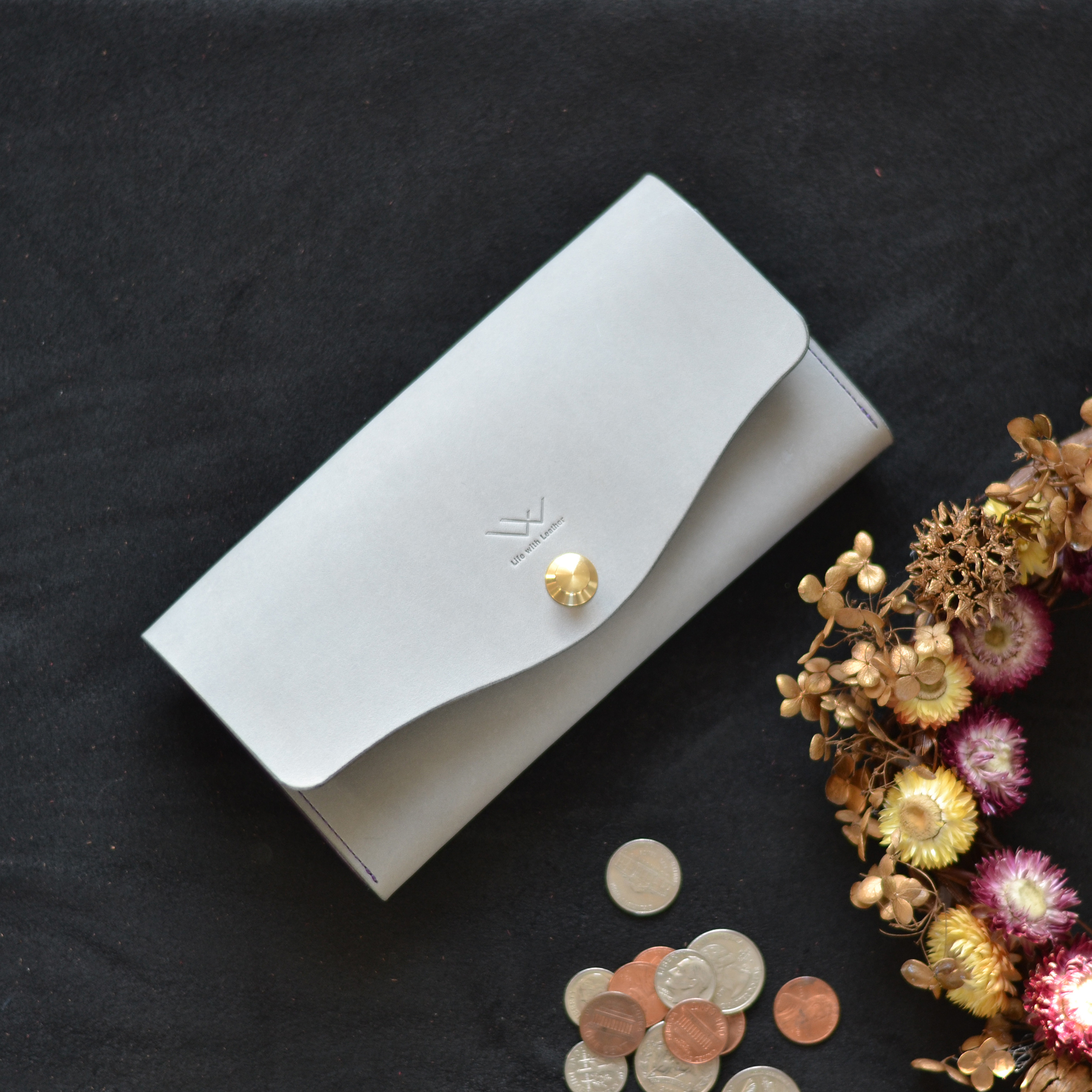 【受注制作】《差し色・糸色が選べる！》復刻★たっぷり入る！ロングウォレットtype201（グレー・イタリアンレザー）