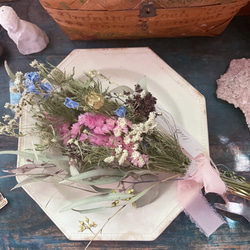 草花のナチュラルリース　レースフラワー　 シフォンりぼん　ピンク 2枚目の画像