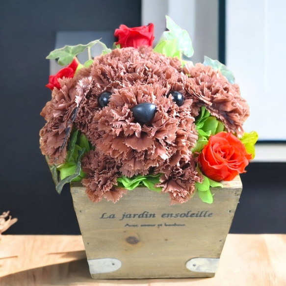 再販★フラワーペット【トイプードル】プリザーブドフラワー 犬 花 カーネーション 母の日 誕生日 送別品 お祝い お供え 4枚目の画像