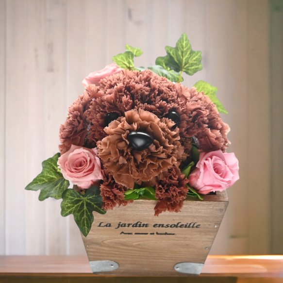 再販★フラワーペット【トイプードル】プリザーブドフラワー 犬 花 カーネーション 母の日 誕生日 送別品 お祝い お供え 1枚目の画像