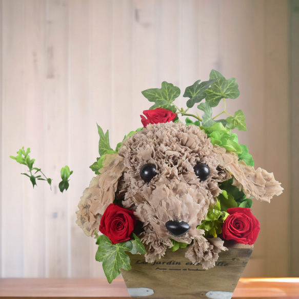 フラワーペット【ダックスフンド】プリザーブドフラワー ペット 犬 花 母の日 誕生日 お供え カーネーション 1枚目の画像